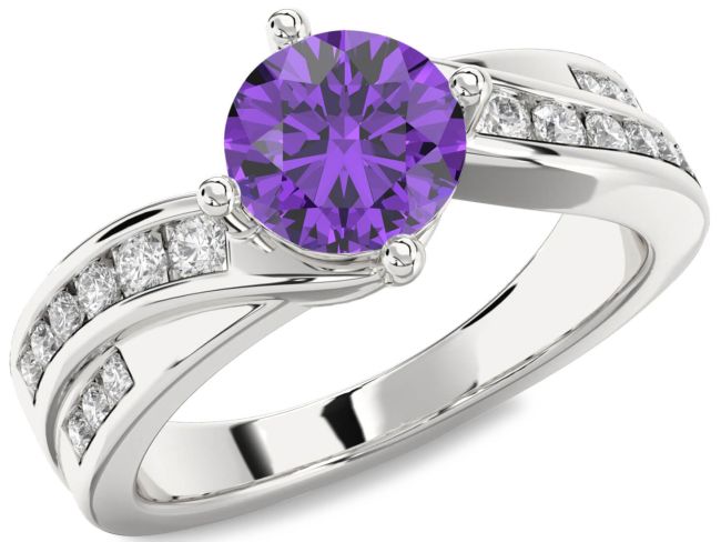 Diamond Amethyst Silver Round Solitaire Engagement Ring