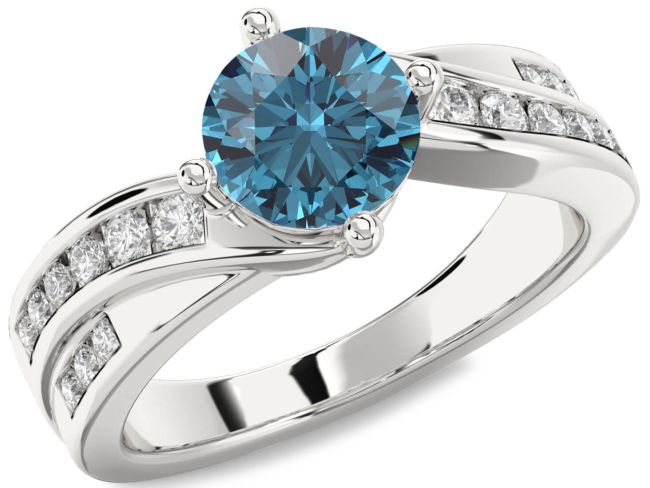 Blue Diamond Silver Round Solitaire Engagement Ring