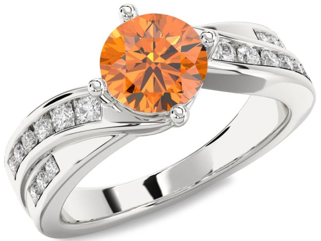 Diamond Citrine Silver Round Solitaire Engagement Ring