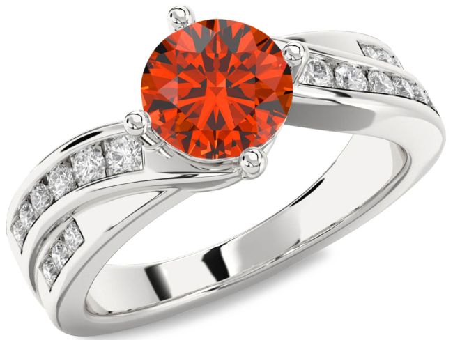 Diamond Fire Opal Silver Round Solitaire Engagement Ring