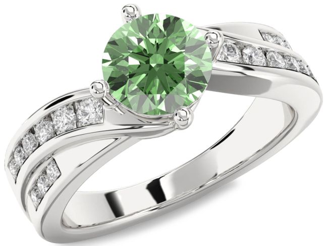 Green Diamond Silver Round Solitaire Engagement Ring