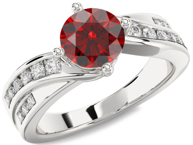 Diamond Garnet Silver Round Solitaire Engagement Ring