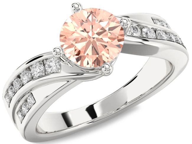 Diamond Morganite Silver Round Solitaire Engagement Ring