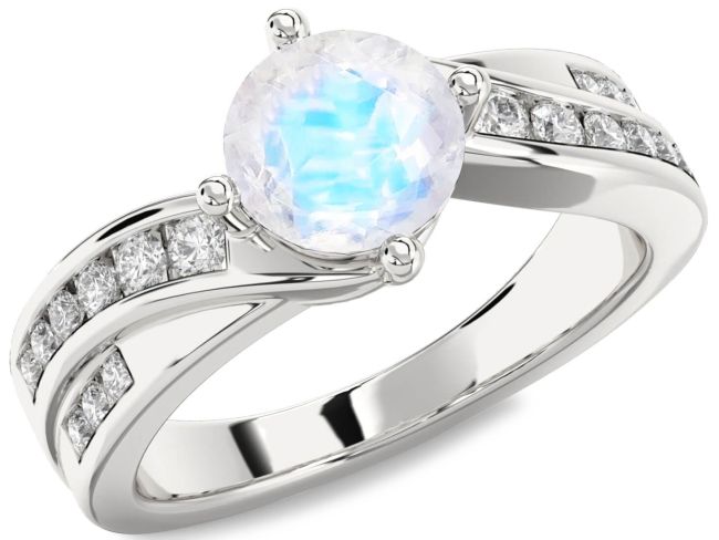 Diamond Moonstone Silver Round Solitaire Engagement Ring
