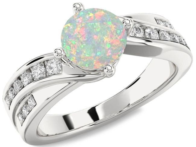 Diamond Opal Silver Round Solitaire Engagement Ring