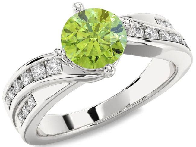 Diamond Peridot Silver Round Solitaire Engagement Ring