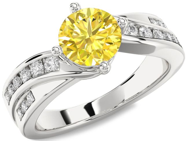 Yellow Diamond Silver Round Solitaire Engagement Ring