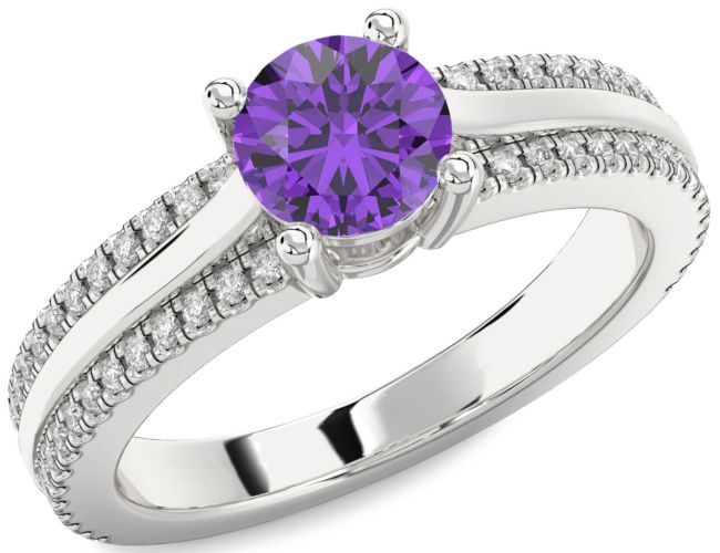 Diamond Amethyst Silver Round Solitaire Engagement Ring