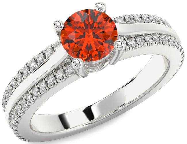Diamond Fire Opal Silver Round Solitaire Engagement Ring