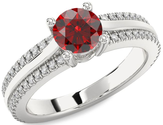 Diamond Garnet Silver Round Solitaire Engagement Ring