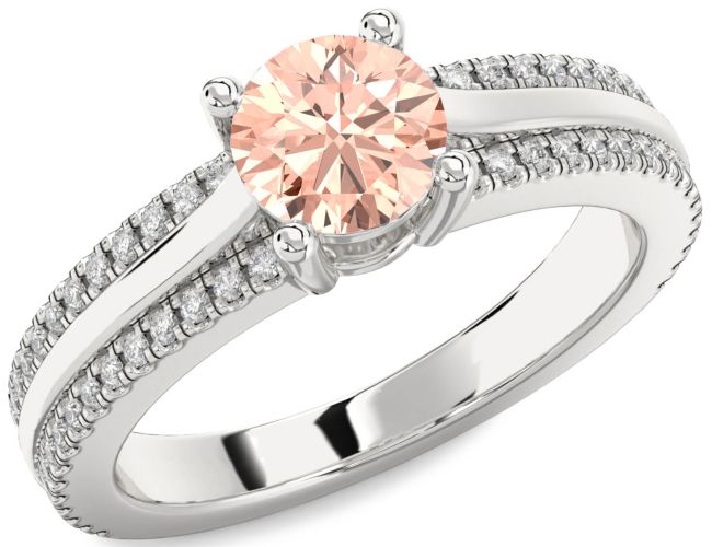 Diamond Morganite Silver Round Solitaire Engagement Ring
