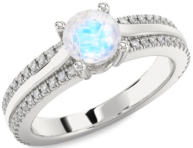 Diamond Moonstone Silver Round Solitaire Engagement Ring