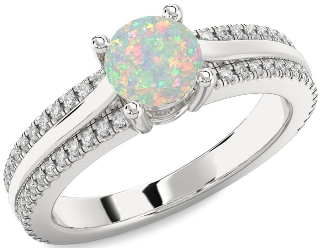 Diamond Opal Silver Round Solitaire Engagement Ring