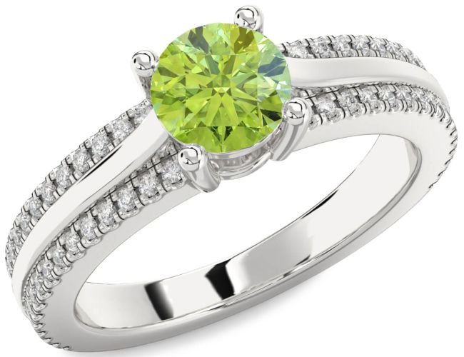 Diamond Peridot Silver Round Solitaire Engagement Ring