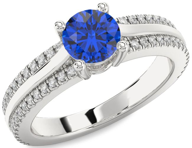 Diamond Blue Sapphire Silver Round Solitaire Engagement Ring