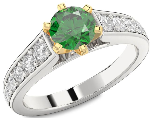 Diamond Emerald Silver & 10K gold Round Solitaire Engagement Ring