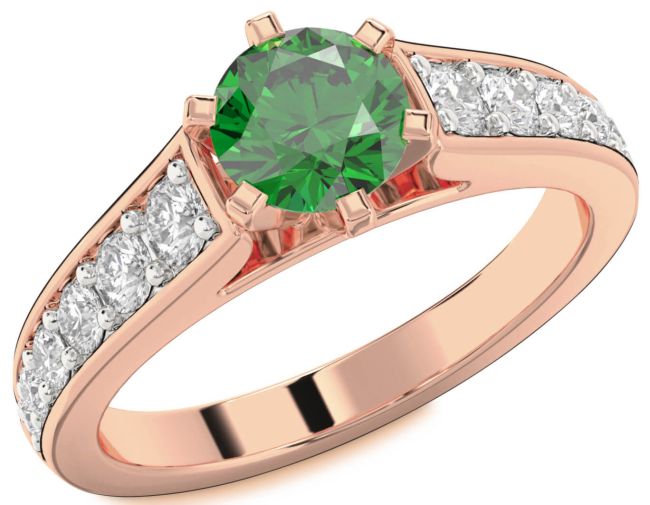 Diamond Emerald Rose Gold Round Solitaire Engagement Ring