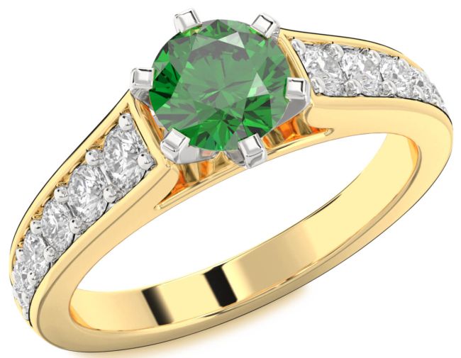 Diamond Emerald Platinum & Yellow Gold Round Solitaire Engagement Ring
