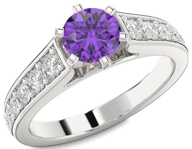 Diamond Amethyst Silver Round Solitaire Engagement Ring