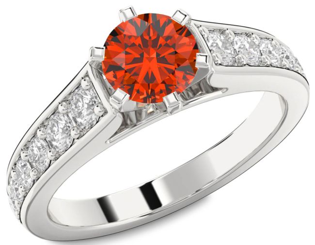 Diamond Fire Opal Silver Round Solitaire Engagement Ring