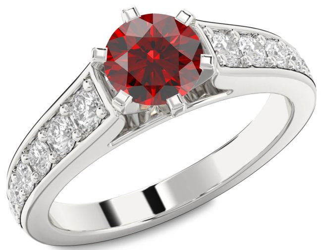Diamond Garnet Silver Round Solitaire Engagement Ring