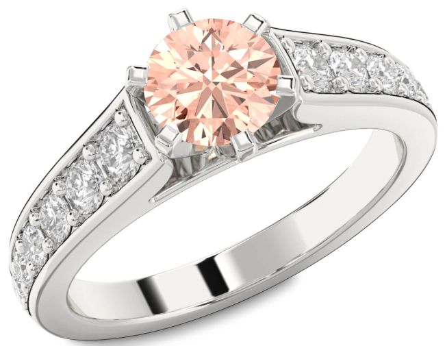 Diamond Morganite Silver Round Solitaire Engagement Ring