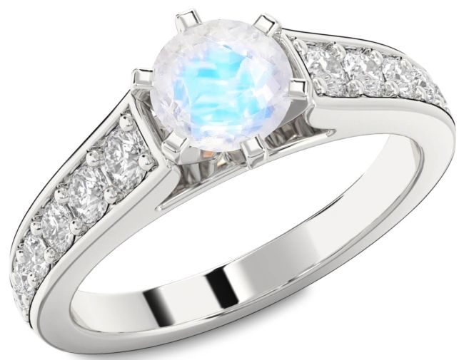 Diamond Moonstone Silver Round Solitaire Engagement Ring