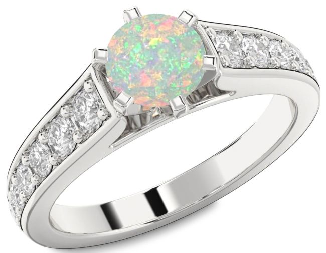 Diamond Opal Silver Round Solitaire Engagement Ring