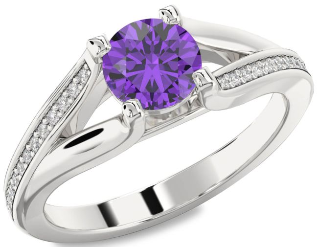 Diamond Amethyst Silver Round Solitaire Engagement Ring