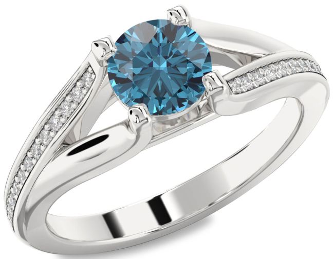Blue Diamond Silver Round Solitaire Engagement Ring