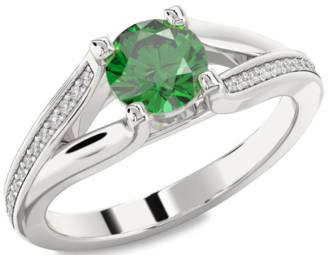 Diamond Emerald Silver Round Solitaire Engagement Ring