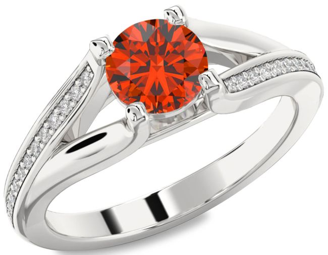 Diamond Fire Opal Silver Round Solitaire Engagement Ring