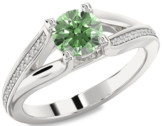 Green Diamond Silver Round Solitaire Engagement Ring