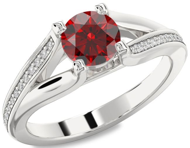 Diamond Garnet Silver Round Solitaire Engagement Ring
