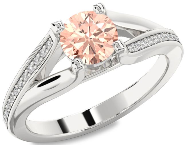 Diamond Morganite Silver Round Solitaire Engagement Ring