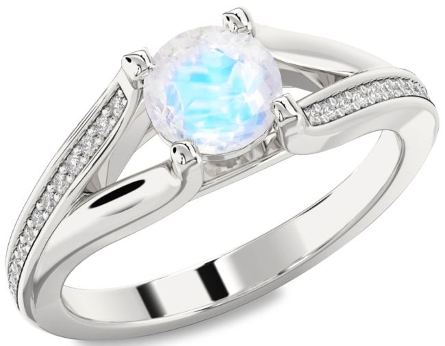 Diamond Moonstone Silver Round Solitaire Engagement Ring