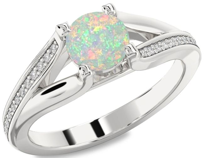 Diamond Opal Silver Round Solitaire Engagement Ring
