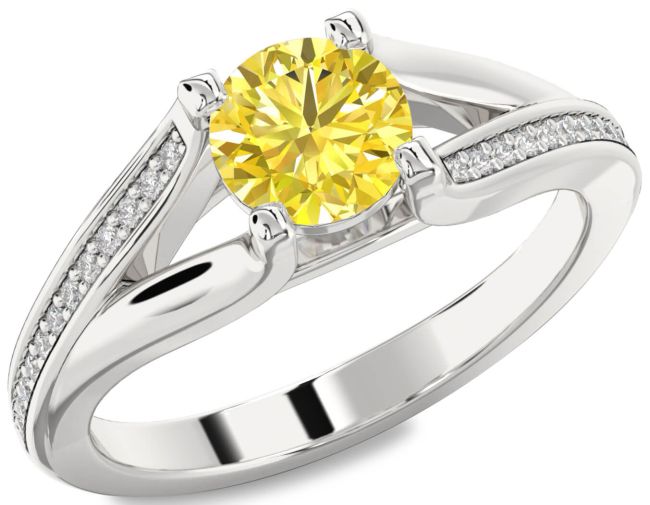 Yellow Diamond Silver Round Solitaire Engagement Ring