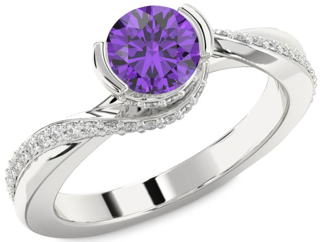 Diamond Amethyst Silver Round Solitaire Engagement Ring