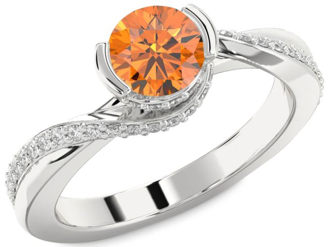 Diamond Citrine Silver Round Solitaire Engagement Ring