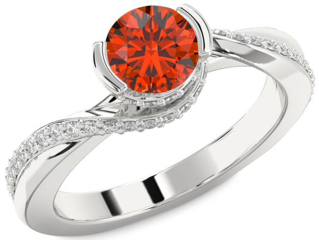 Diamond Fire Opal Silver Round Solitaire Engagement Ring