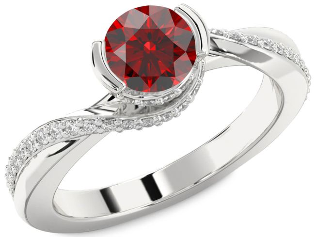 Diamond Garnet Silver Round Solitaire Engagement Ring