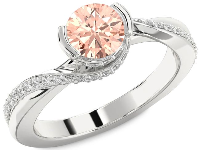 Diamond Morganite Silver Round Solitaire Engagement Ring