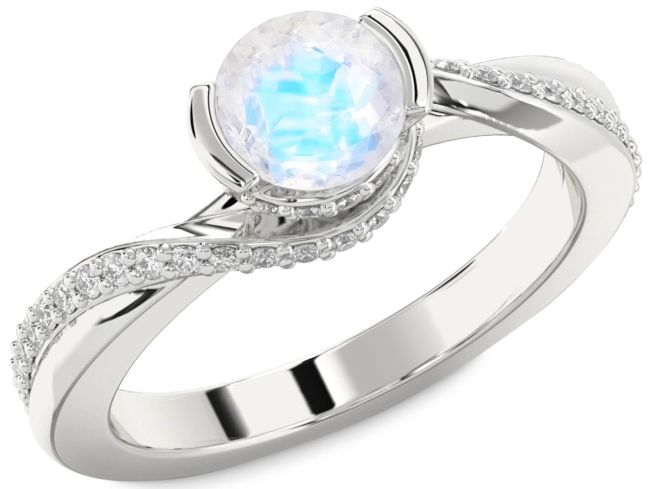 Diamond Moonstone Silver Round Solitaire Engagement Ring