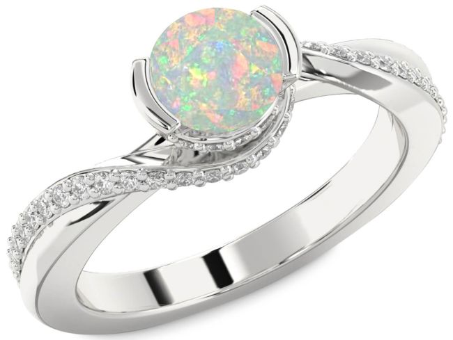 Diamond Opal Silver Round Solitaire Engagement Ring