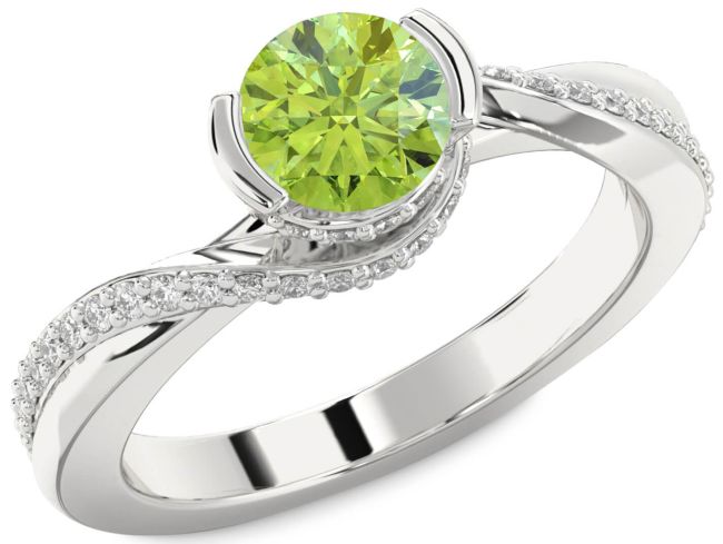 Diamond Peridot Silver Round Solitaire Engagement Ring