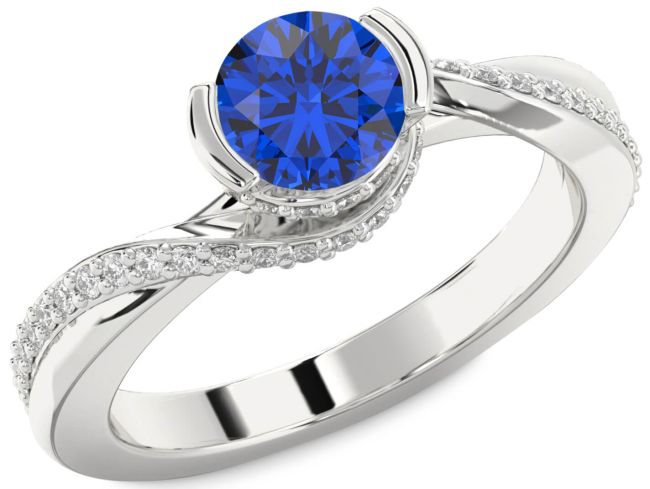 Diamond Blue Sapphire Silver Round Solitaire Engagement Ring