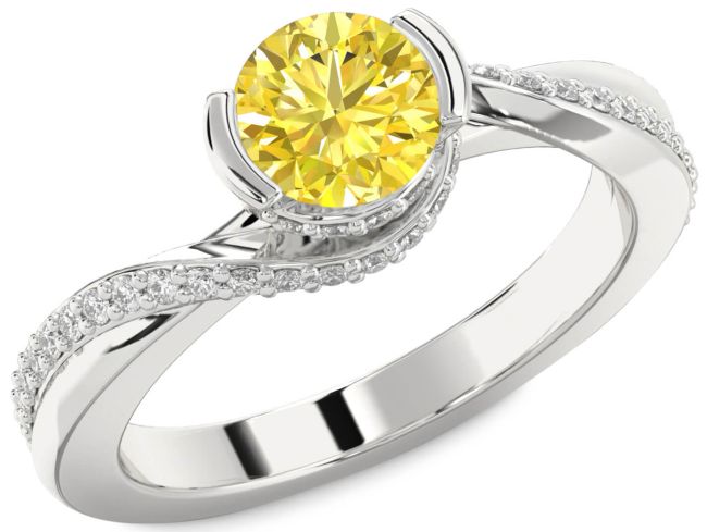 Yellow Diamond Silver Round Solitaire Engagement Ring