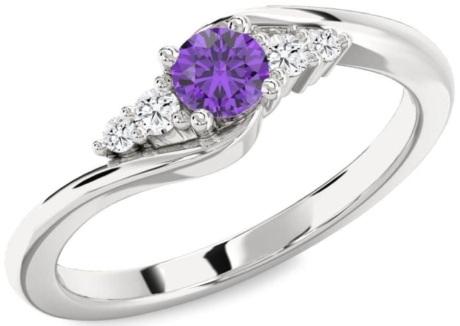Diamond Amethyst Silver Round Promise Ring