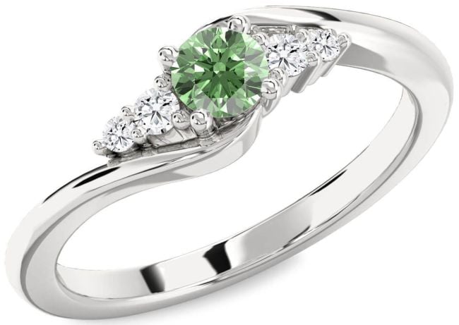 Green Diamond Silver Round Promise Ring